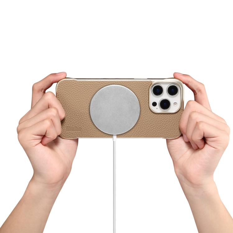 For iPhone 16 Pro Max Denior A20 Genuine Leather Litchi Texture MagSafe Frameless Phone Case(Khaki)