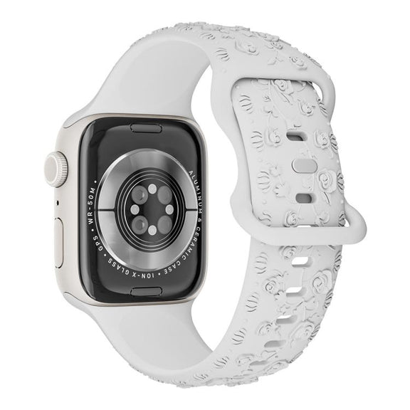 For Apple Watch 42mm / 41mm / 40mm / 38mm Embossed 3D Rose Flower Silicone Watch Band(White)