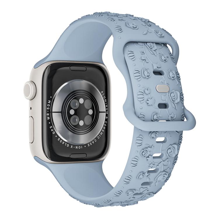 For Apple Watch 42mm / 41mm / 40mm / 38mm Embossed 3D Rose Flower Silicone Watch Band(Light Blue)
