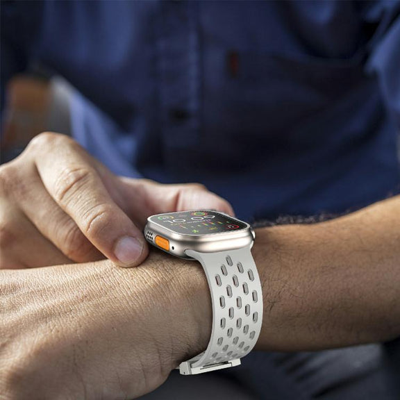 For Apple Watch 46mm / 49mm / 45mm / 44mm Kalebol Mesh Silver Umbrella Buckle Silicone Strap(Grey)