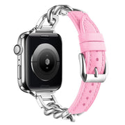 For Apple Watch 46mm / 49mm / 45mm / 44mm Metal Chain Leather Denim Watch Band(Pink)