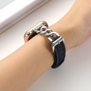 For Apple Watch 46mm / 49mm / 45mm / 44mm Metal Chain Leather Denim Watch Band(Dark Blue)