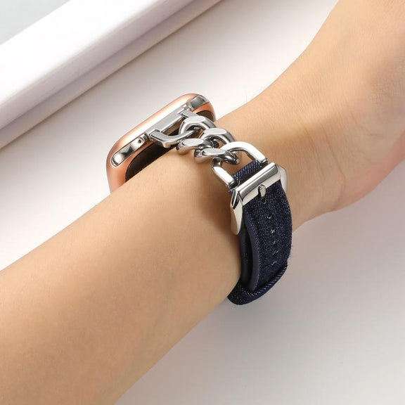 For Apple Watch 46mm / 49mm / 45mm / 44mm Metal Chain Leather Denim Watch Band(Dark Blue)