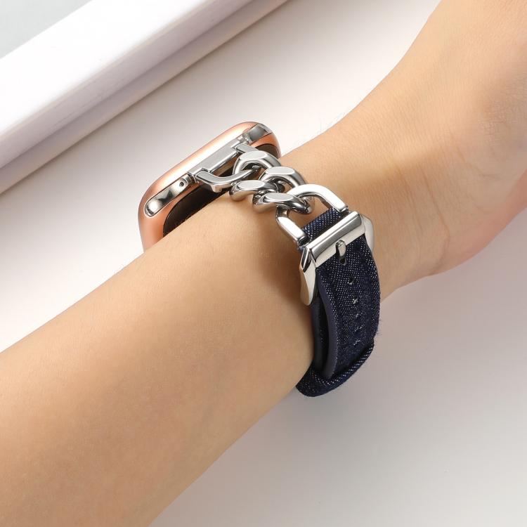 For Apple Watch 46mm / 49mm / 45mm / 44mm Metal Chain Leather Denim Watch Band(Dark Blue)