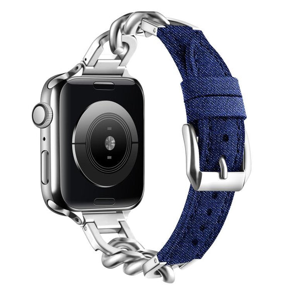 For Apple Watch 46mm / 49mm / 45mm / 44mm Metal Chain Leather Denim Watch Band(Dark Blue)