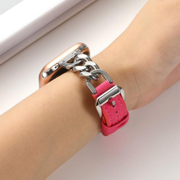 For Apple Watch 46mm / 49mm / 45mm / 44mm Metal Chain Leather Denim Watch Band(Peach Red)