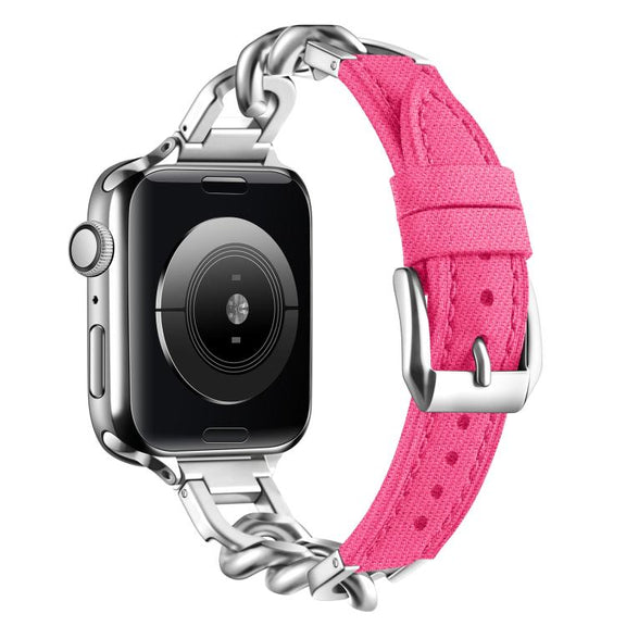 For Apple Watch 46mm / 49mm / 45mm / 44mm Metal Chain Leather Denim Watch Band(Peach Red)
