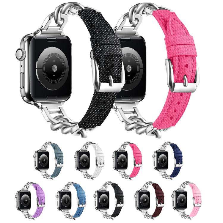 For Apple Watch 46mm / 49mm / 45mm / 44mm Metal Chain Leather Denim Watch Band(Peach Red)
