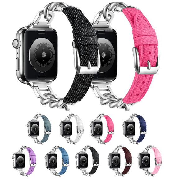 For Apple Watch 46mm / 49mm / 45mm / 44mm Metal Chain Leather Denim Watch Band(Dark Blue)