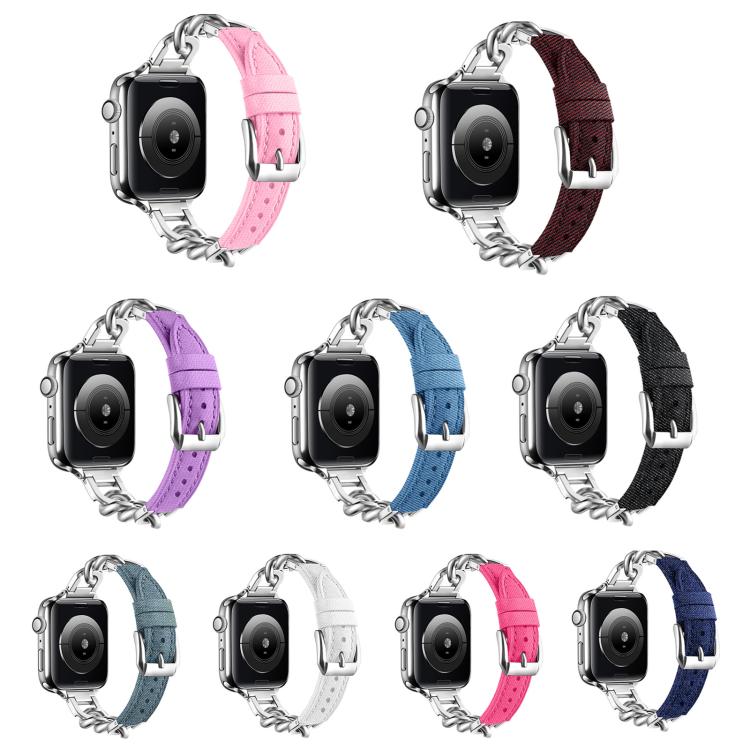 For Apple Watch 46mm / 49mm / 45mm / 44mm Metal Chain Leather Denim Watch Band(Peach Red)