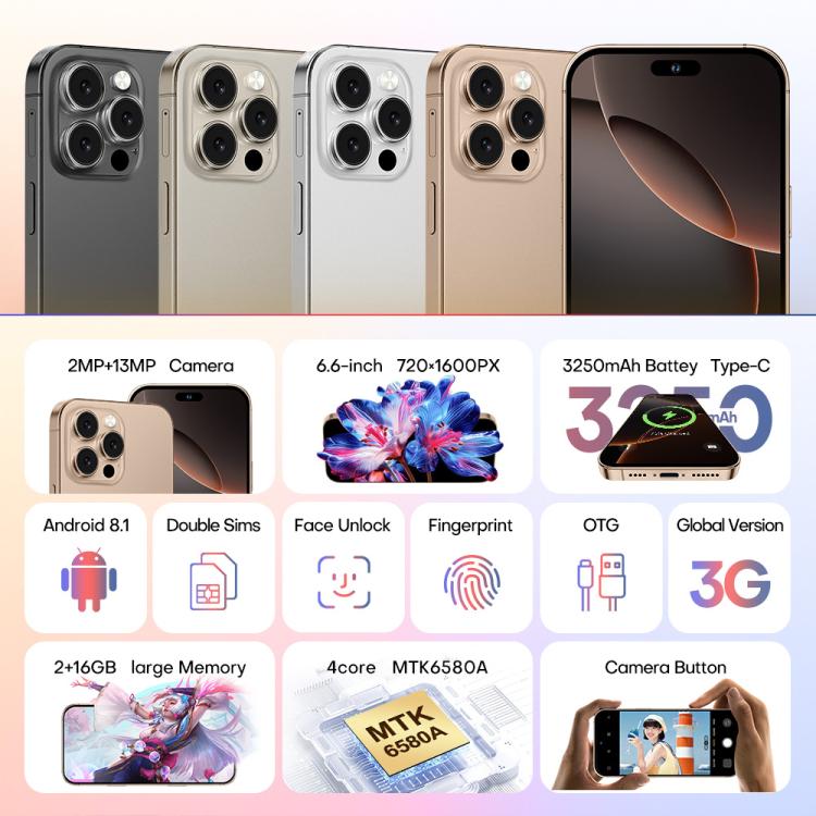 A88 / i16 Pro Max, 2GB+16GB, 6.6 inch Android 8.1 MTK6580A Quad Core, OTG, Network: 3G, Dual SIM, Plug:AU Plug(Titanium Grey)