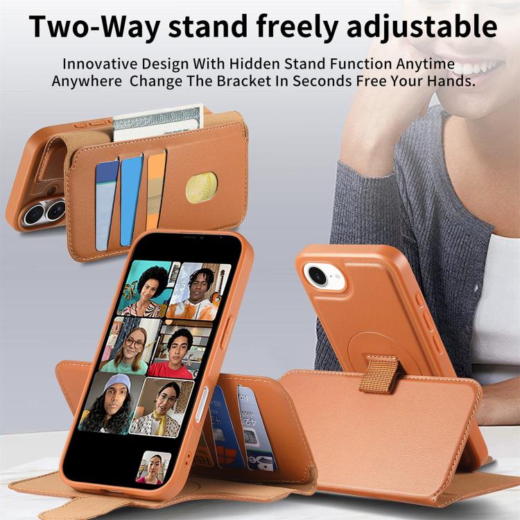 For iPhone 16e CaseNeo Finger Grip Strap MagSafe Leather Phone Case(Brown)