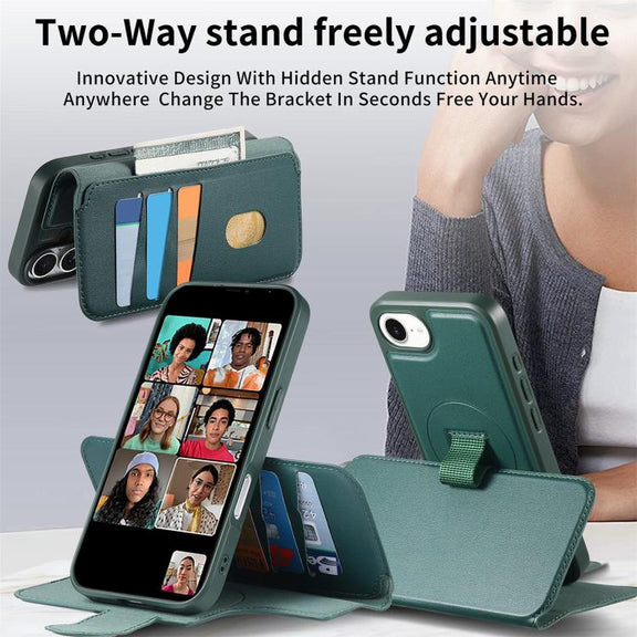 For iPhone 16e CaseNeo Finger Grip Strap MagSafe Leather Phone Case(Green)