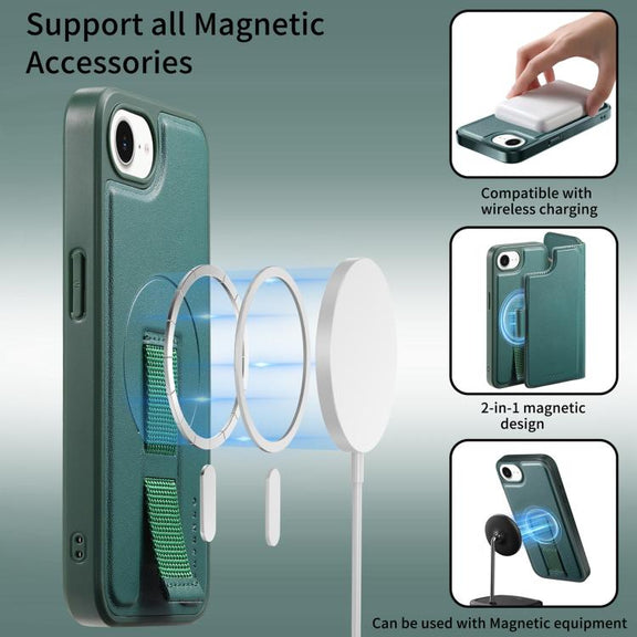 For iPhone 16e CaseNeo Finger Grip Strap MagSafe Leather Phone Case(Green)