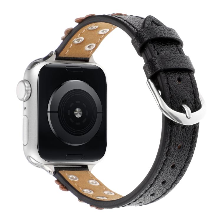 For Apple Watch 46mm / 49mm / 45mm / 44mm Kalebol Studded Flower Leather Strap(Black)