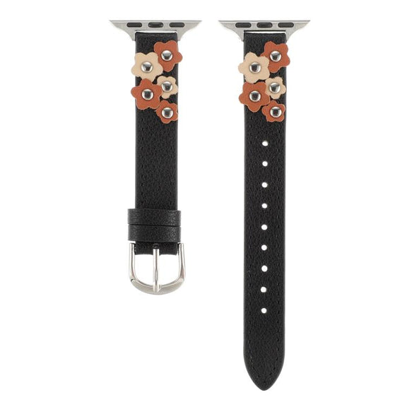 For Apple Watch 46mm / 49mm / 45mm / 44mm Kalebol Studded Flower Leather Strap(Black)