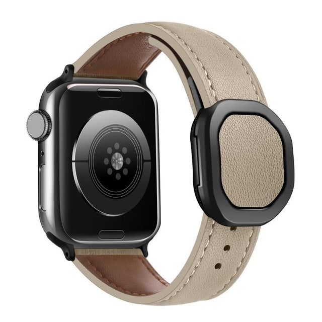 For Apple Watch 42mm / 41mm / 40mm / 38mm Kalebol Magnetic Fold Genuine Buckle Leather Watch Band(Apricot)