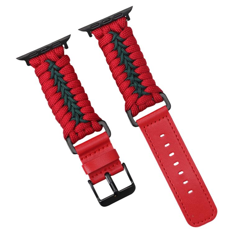 For Apple Watch 46mm / 49mm / 45mm / 44mm Double Leather Buckle Paracord Nylon Watch Band(Red)