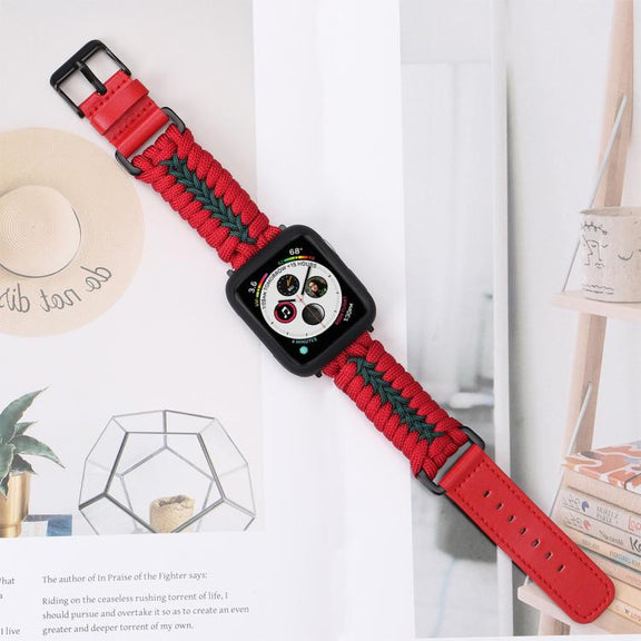 For Apple Watch 46mm / 49mm / 45mm / 44mm Double Leather Buckle Paracord Nylon Watch Band(Red)