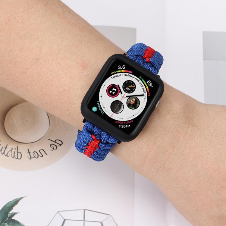 For Apple Watch 46mm / 49mm / 45mm / 44mm Double Leather Buckle Paracord Nylon Watch Band(Blue)