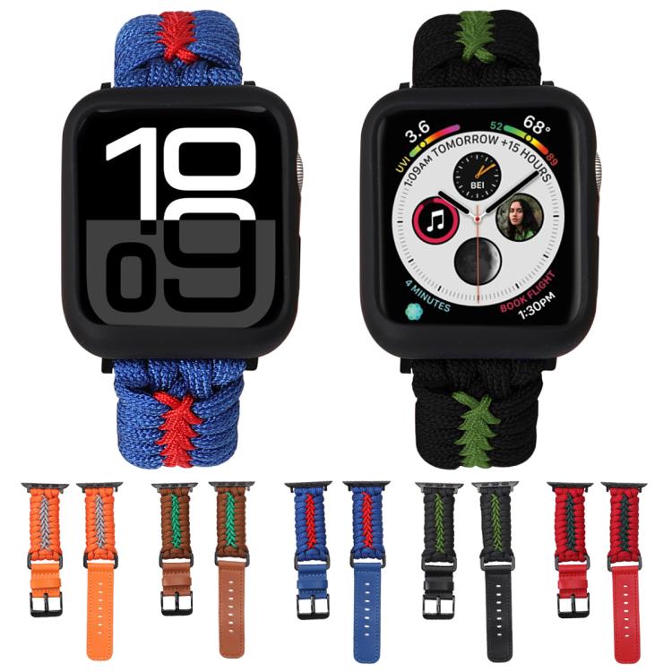 For Apple Watch 46mm / 49mm / 45mm / 44mm Double Leather Buckle Paracord Nylon Watch Band(Blue)