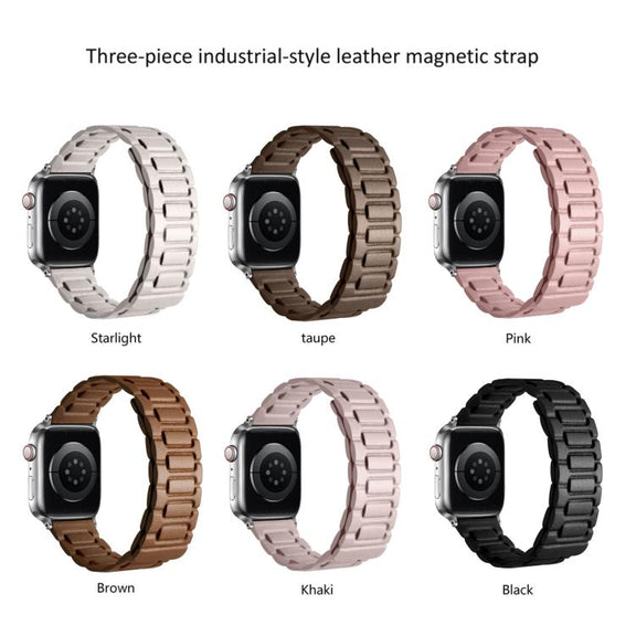 For Apple Watch 42mm / 41mm / 40mm / 38mm I-shaped Three-piece Leather Magnetic Watch Band(Black)
