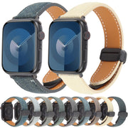 For Apple Watch 42mm / 41mm / 40mm / 38mm Folding Magnetic Buckle Denim Leather Watch Band(Misty Blue)