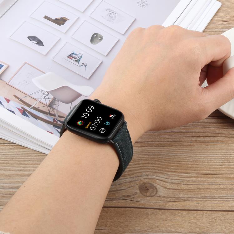 For Apple Watch 42mm / 41mm / 40mm / 38mm Folding Magnetic Buckle Denim Leather Watch Band(Misty Blue)