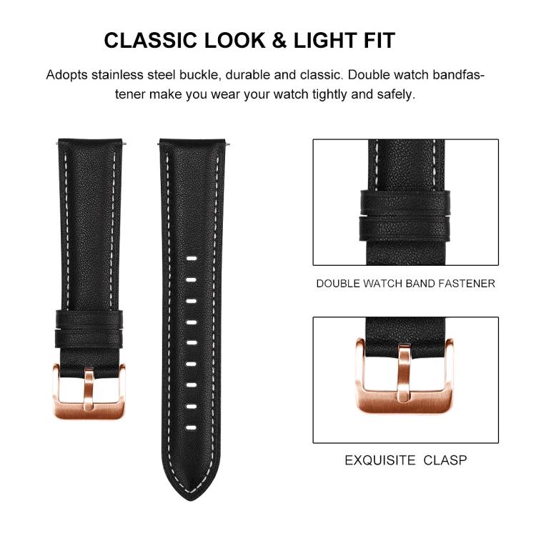 20mm Rose Gold Buckle Leather Watch Band(Black)