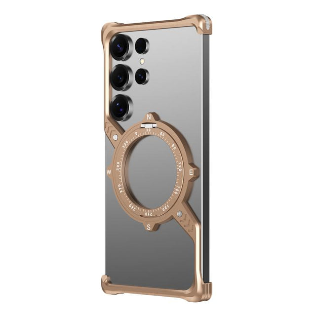 For Samsung Galaxy S23 Ultra 5G S Shaped 360 Holder Airbag Frameless MagSafe Metal Phone Case(Desert Gold)