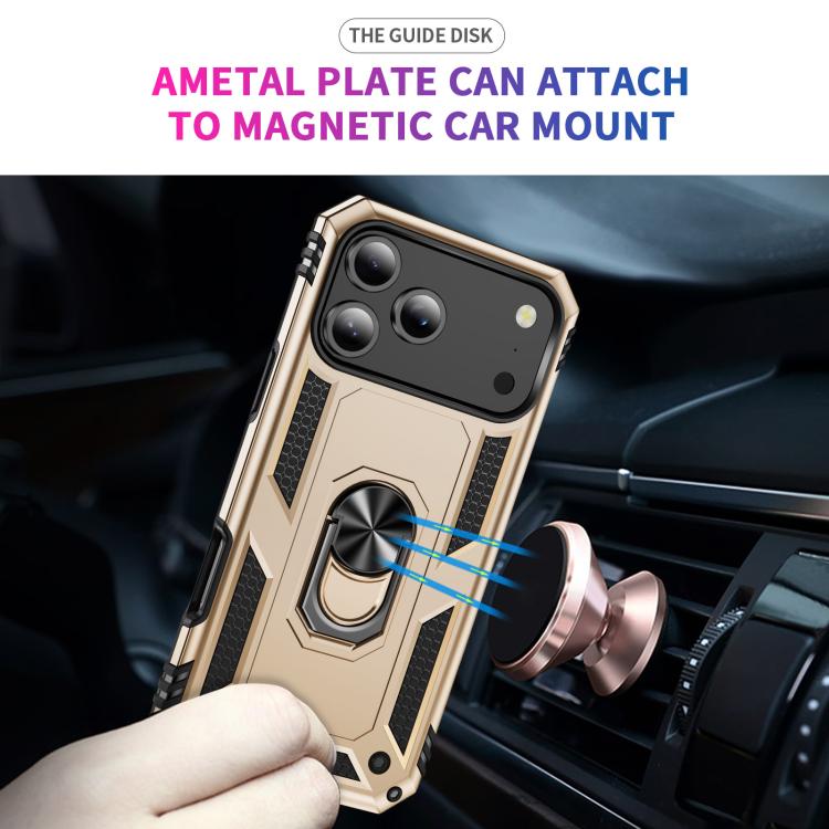 For iPhone 17 Pro Max Shockproof TPU Hybrid PC Phone Case with Holder(Gold)