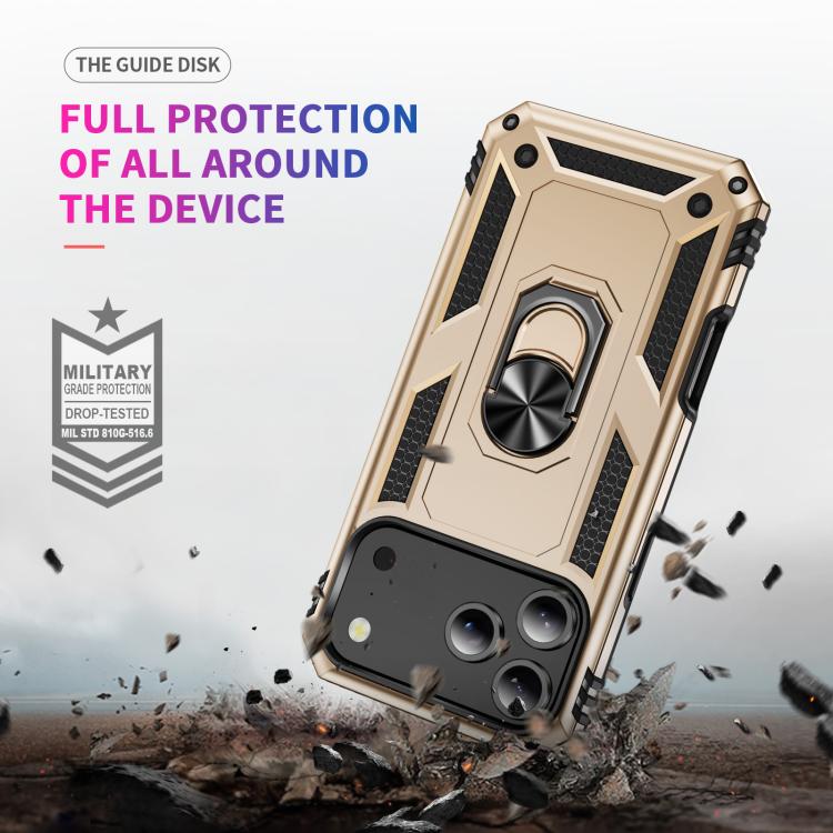 For iPhone 17 Pro Max Shockproof TPU Hybrid PC Phone Case with Holder(Gold)