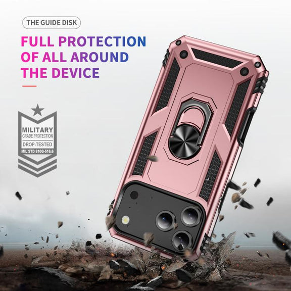 For iPhone 17 Pro Max Shockproof TPU Hybrid PC Phone Case with Holder(Rose Gold)