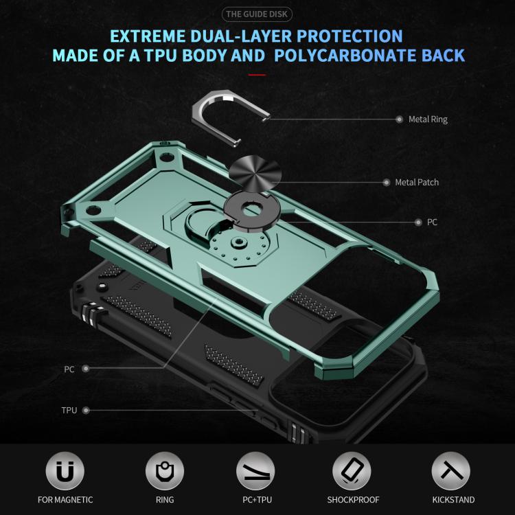 For iPhone 17 Pro Max Shockproof TPU Hybrid PC Phone Case with Holder(Dark Green)