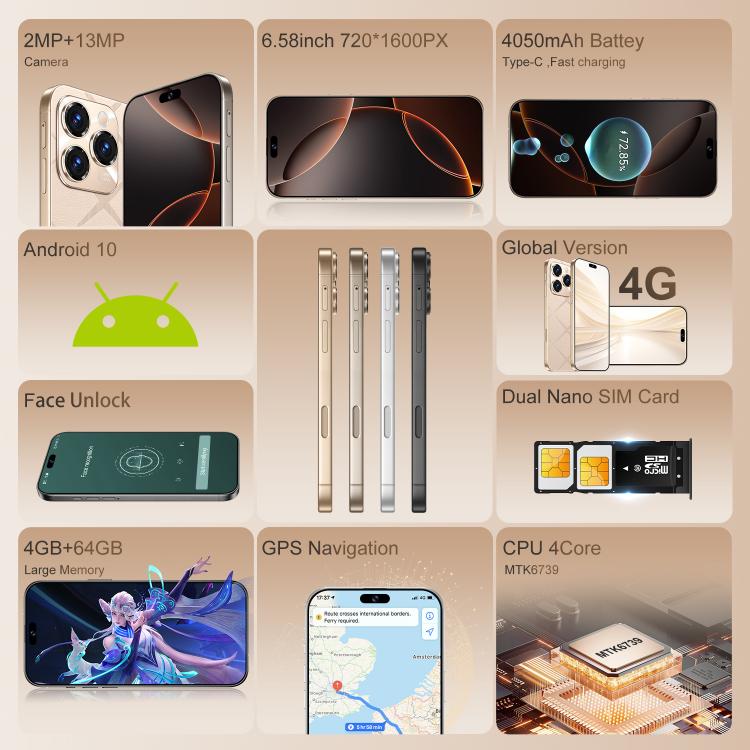 A16 Pro Max / PDA89-B, 4GB+64GB, 6.58 inch Android 10 MTK6739 Quad Core, Network: 4G, OTG, Dual SIM, Plug:US Plug(Grey)