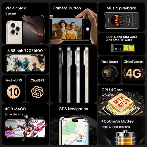 I16 Pro Max / PDQ6, 4GB+64GB, 6.58 inch Android 10 MTK6739 Quad Core, Network: 4G, Dual SIM, Plug:EU Plug(Gold)
