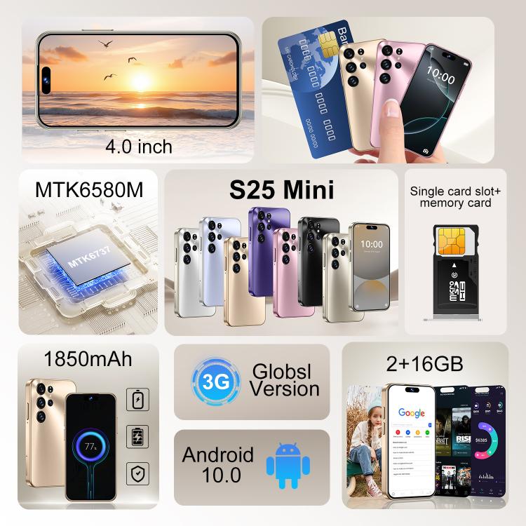 S25 Mini / ZKM10, 2GB+16GB, 4.0 inch Android 10 MTK6580M Quad Core, Network: 3G, Dual SIM(Gold)