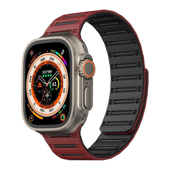 For Apple Watch 46mm / 49mm / 45mm / 44mm Cylinder Magnetic Two-color Loop Silicone Watch Band(Wine Red Black)