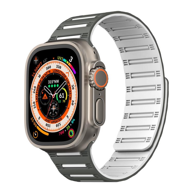 For Apple Watch 46mm / 49mm / 45mm / 44mm Cylinder Magnetic Two-color Loop Silicone Watch Band(Dark Green White)