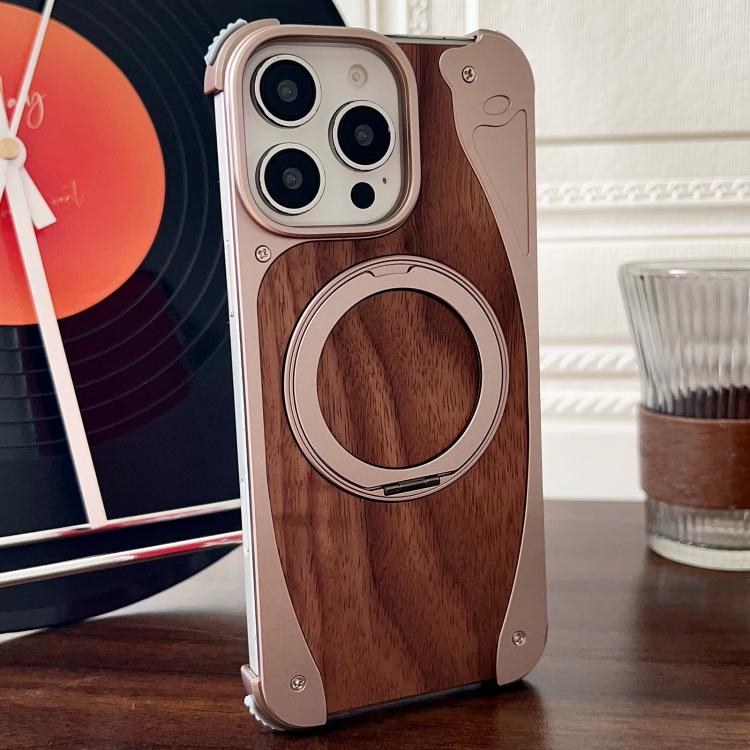 For iPhone 16 Pro Max Walnut Metal Frameless 360 Degree Rotation Holder MagSafe Phone Case(Dessert Gold)