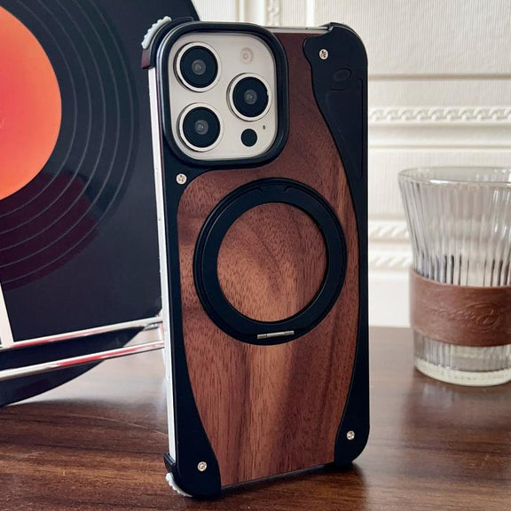 For iPhone 16 Pro Walnut Metal Frameless 360 Degree Rotation Holder MagSafe Phone Case(Black)