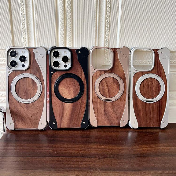 For iPhone 16 Pro Walnut Metal Frameless 360 Degree Rotation Holder MagSafe Phone Case(Titanium Color)