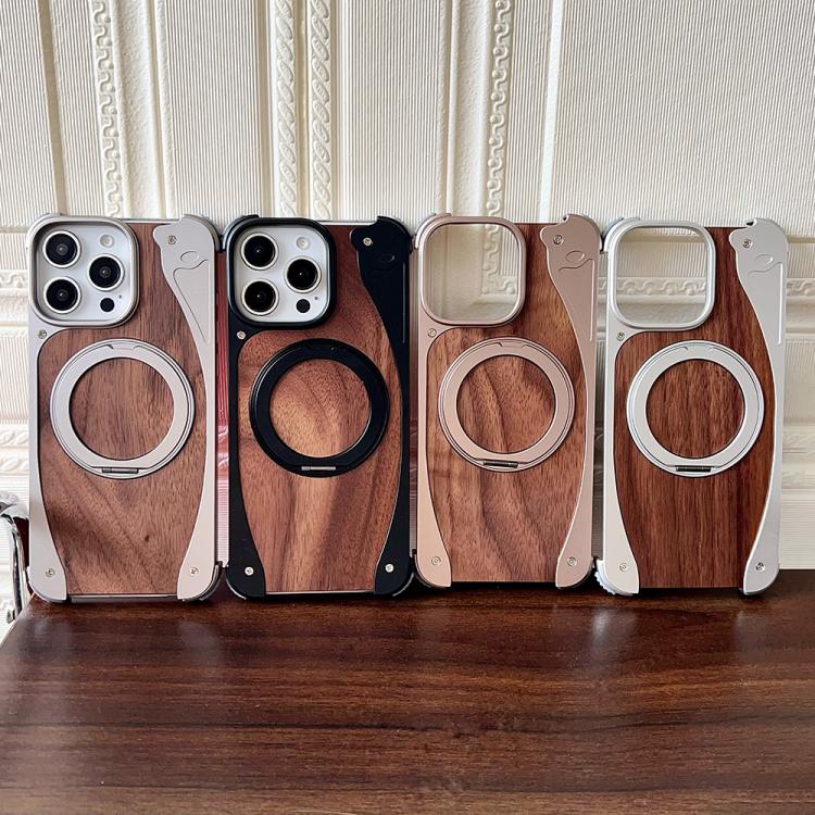 For iPhone 16 Pro Max Walnut Metal Frameless 360 Degree Rotation Holder MagSafe Phone Case(Dessert Gold)