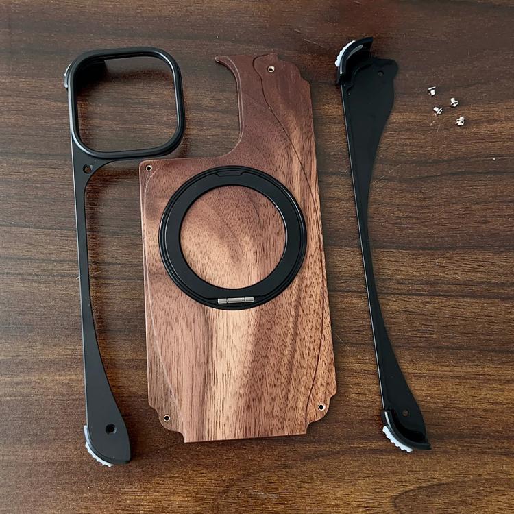 For iPhone 16 Pro Walnut Metal Frameless 360 Degree Rotation Holder MagSafe Phone Case(Titanium Color)