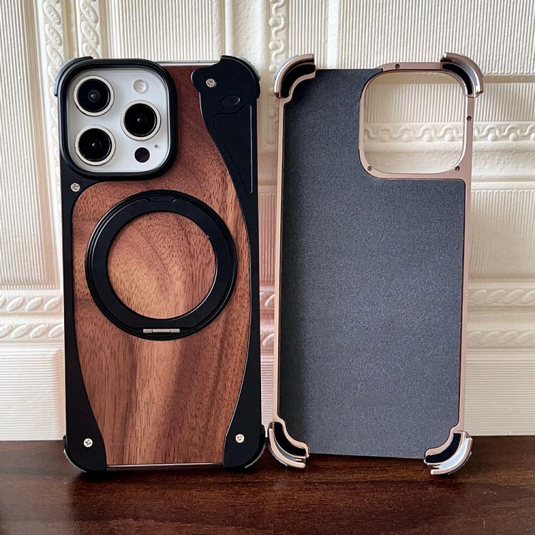 For iPhone 16 Pro Max Walnut Metal Frameless 360 Degree Rotation Holder MagSafe Phone Case(Silver)
