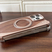 For iPhone 16 Pro Walnut Metal Frameless 360 Degree Rotation Holder MagSafe Phone Case(Silver)