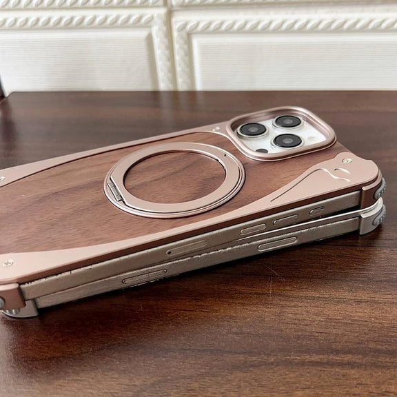 For iPhone 16 Pro Max Walnut Metal Frameless 360 Degree Rotation Holder MagSafe Phone Case(Dessert Gold)