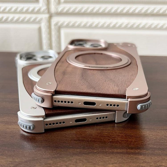 For iPhone 15 Pro Max Walnut Metal Frameless 360 Degree Rotation Holder MagSafe Phone Case(Black)