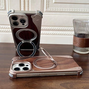 For iPhone 16 Pro Walnut Metal Frameless 360 Degree Rotation Holder MagSafe Phone Case(Dessert Gold)