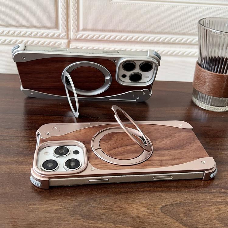 For iPhone 16 Pro Max Walnut Metal Frameless 360 Degree Rotation Holder MagSafe Phone Case(Silver)